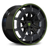 RV-MB01 forged monoblock wheel green lip with carbon fiber center, multi-spoke deep concave design for BMW, Corvette, and performance cars