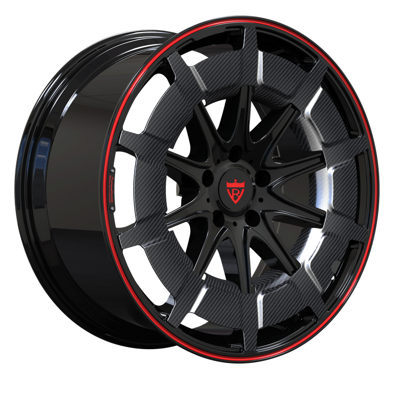 RV-MB01 forged monoblock wheel red lip with carbon fiber center, multi-spoke design for BMW, Corvette, and performance cars