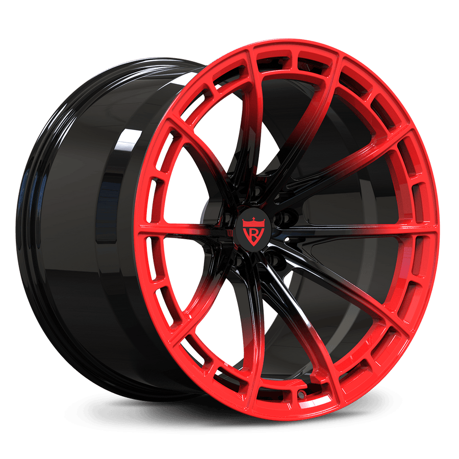 RV-MC08 monoblock forged wheel in Gloss Black and Red, aggressive concave multi-spoke design for Corvette C8.