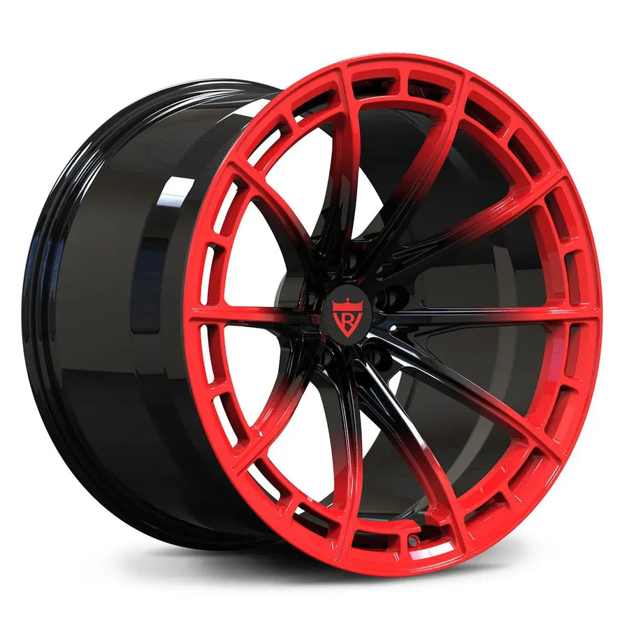 Close-up of RV-MC08 custom forged wheel featuring a striking Red and Black contrast finish for Corvette C7/C8.