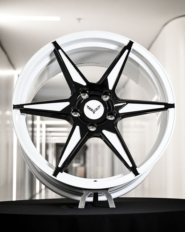 RV-MC19 forged wheel for Corvette C7 Stingray in 18x8.5 and 19x10 setup with ivory white and gloss black finish