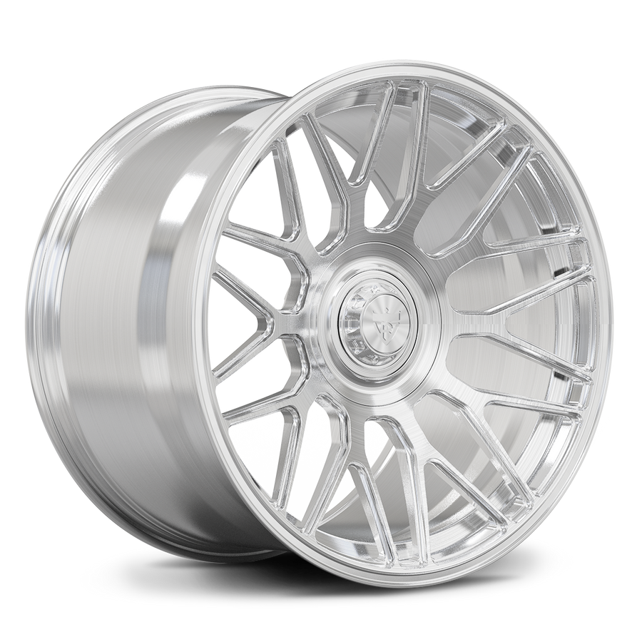 RV-MC26 brushed forged wheel three-quarter view with deep-concave Y-spoke design for Corvette C8