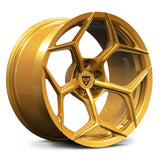 RV-MC491 brushed light gold forged 1-piece wheel featuring a deep-concave Y-spoke layout and black center cap, optimized for Aston Martin applications