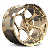 RV-MC491 deep-concave forged monoblock wheel in polished frost gold with black logo, Y-spoke design engineered for Aston Martin performance fitment