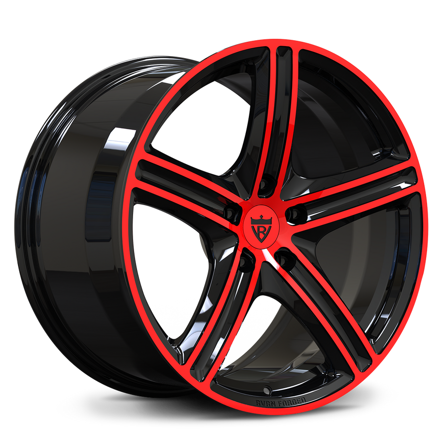 RV-MD06 custom Dodge Charger forged wheel in gloss black and red with a five-spoke concave profile.