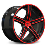 RV-MD06 gloss black and red forged wheel for Dodge Charger projects, showing a five-spoke face and deep concave styling.