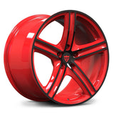 RV-MD06 Dodge Charger forged wheel in gloss red and black, featuring a five-spoke concave design and performance-focused stance.