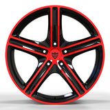 Front detail of an RV-MD06 gloss red and black forged wheel for Dodge Charger builds, showing the five-spoke concave design.