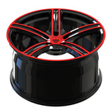 Top view of an RV-MD06 Dodge Charger forged wheel in gloss red and black, highlighting the five-spoke concave face.