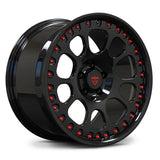 An angled view of the RV-MF03 black aero forged rim featuring red perimeter bolts to achieve a high-end pseudo 2-piece visual effect.