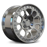 The RV-MF03 monoblock wheel in a brilliant chrome finish, showcasing the intricate CNC-machined aero ventilation holes.