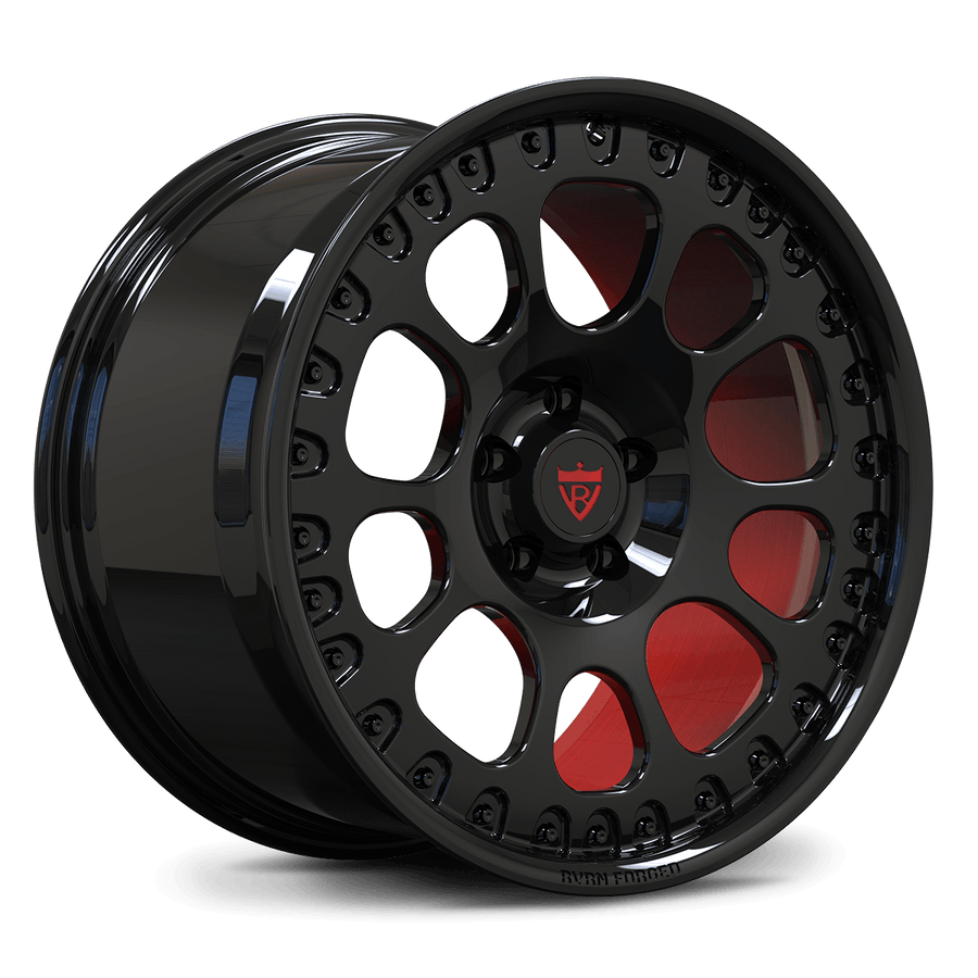 A detailed side-profile shot of the RV-MF03 monoblock wheel in gloss black with a brushed red inner barrel, tailored for the Chevrolet Camaro.