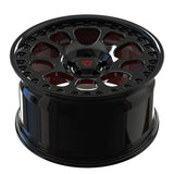Top-down perspective of the RV-MF03 wheel in gloss black and red, demonstrating the aggressive Aero face and bolt details.