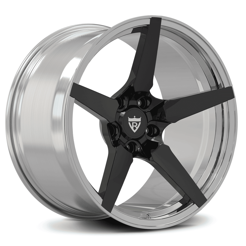 RV-MF14 forged wheel with polished barrel and gloss-black 5-spoke design, aggressive deep-concave style