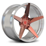 RV-MF14 forged monoblock wheel with polished barrel and polished rose-gold 5-spoke layout, deep-concave profile