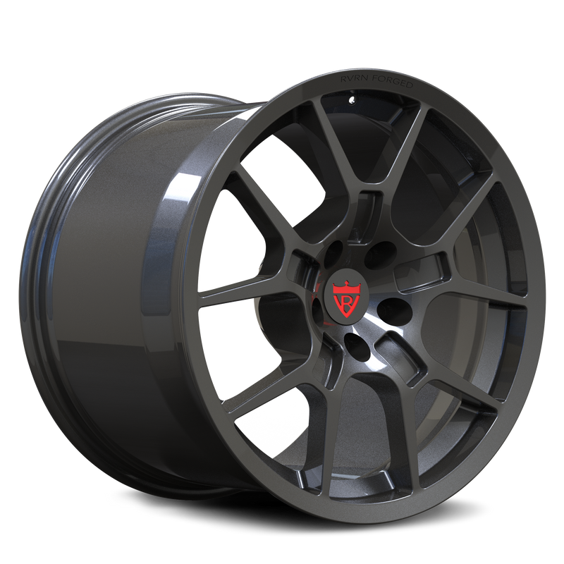 RV-MG05 custom forged Mustang GT wheel in gunmetal with motorsport-inspired split-spoke design
