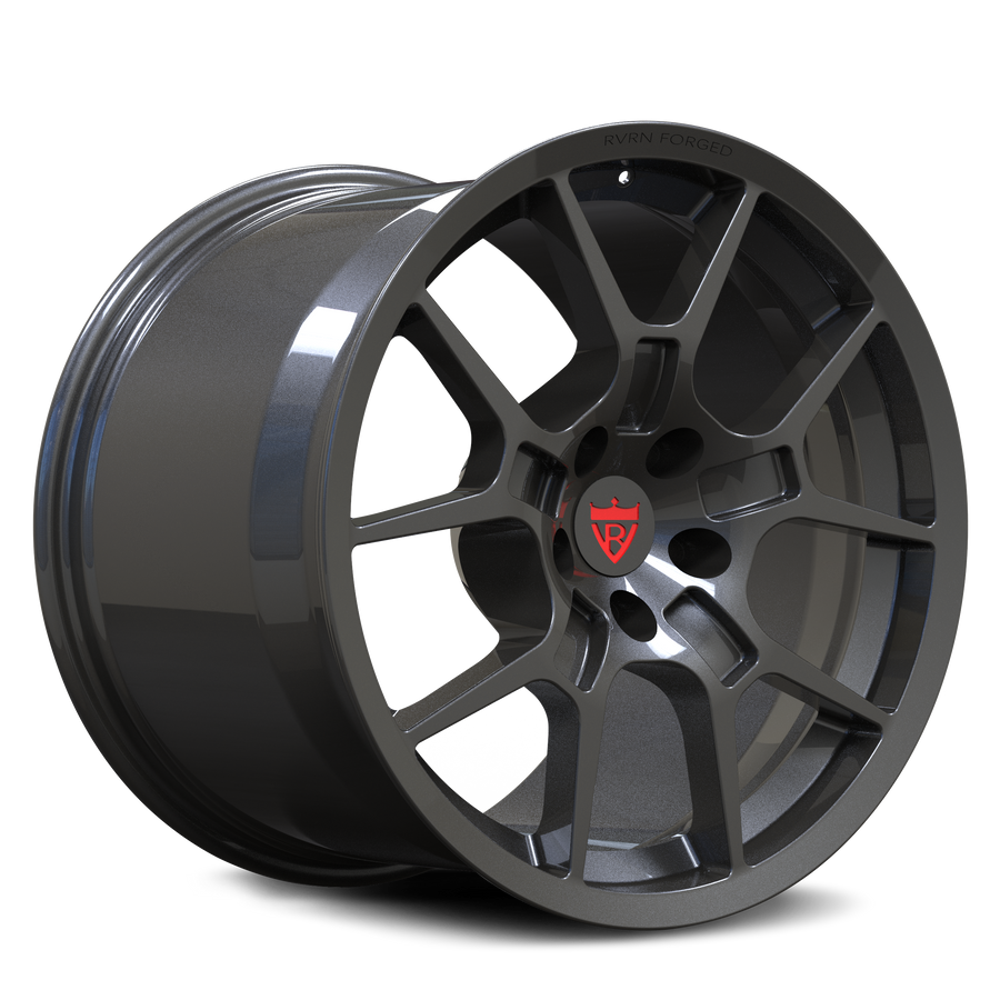 RV-MG05 custom forged Mustang GT wheel in gunmetal with motorsport-inspired split-spoke design