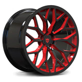 RV-MG122 monoblock forged wheel in Gloss Black and Torch Red, complex Y-spoke mesh design for Corvette C8.