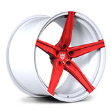 Custom Arctic White and Red accent RV-MJ201 monoblock forged wheel, high-impact aesthetic for Corvette platforms.