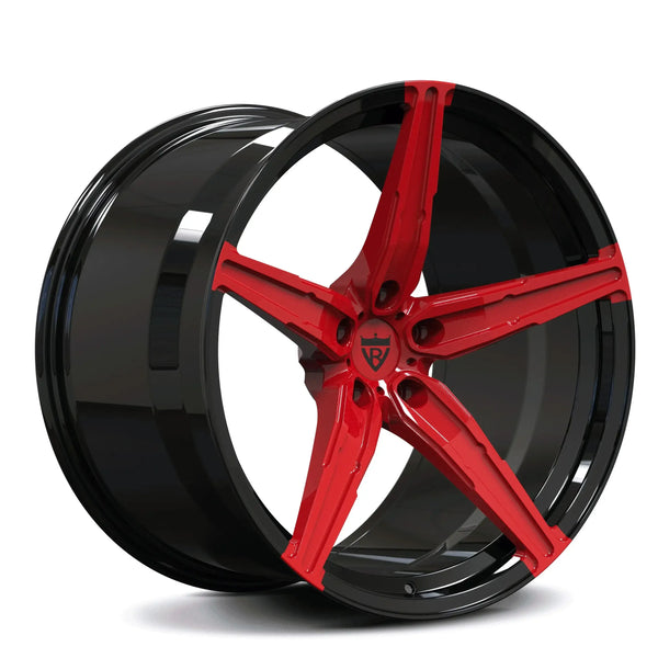 RV-MJ201 monoblock forged wheel in Gloss Black and Torch Red, aggressive 5-spoke concave design for Corvette C8.