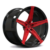 RV-MJ201 monoblock forged wheel in Gloss Black and Torch Red, aggressive 5-spoke concave design for Corvette C8.