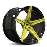 RV-MJ201 Gloss Black and Accelerate Yellow forged wheel, 5-spoke concave design tailored for Corvette performance.