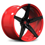 Torch Red and Gloss Black RV-MJ201 monoblock wheel, showcasing the deep 5-spoke architecture for sports cars.