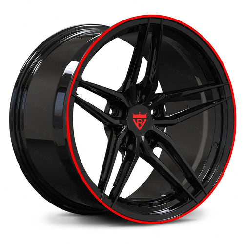 RV-MP03 monoblock forged wheel in Gloss Black with signature Red lip, aggressive concave 5-spoke for Corvette C8.