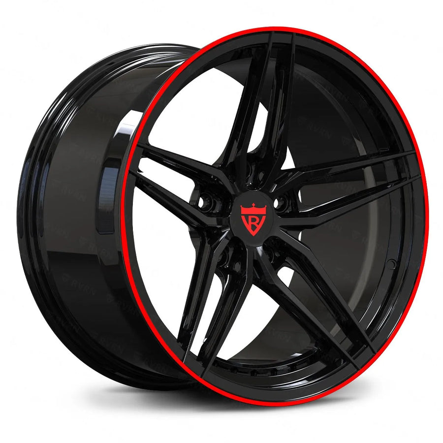 RV-MP03 monoblock forged wheel in Gloss Black with signature Red lip, aggressive concave 5-spoke for Corvette C8.