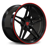 RV-MP03 monoblock forged wheel in Gloss Black with signature Red lip, aggressive concave 5-spoke for Corvette C8.