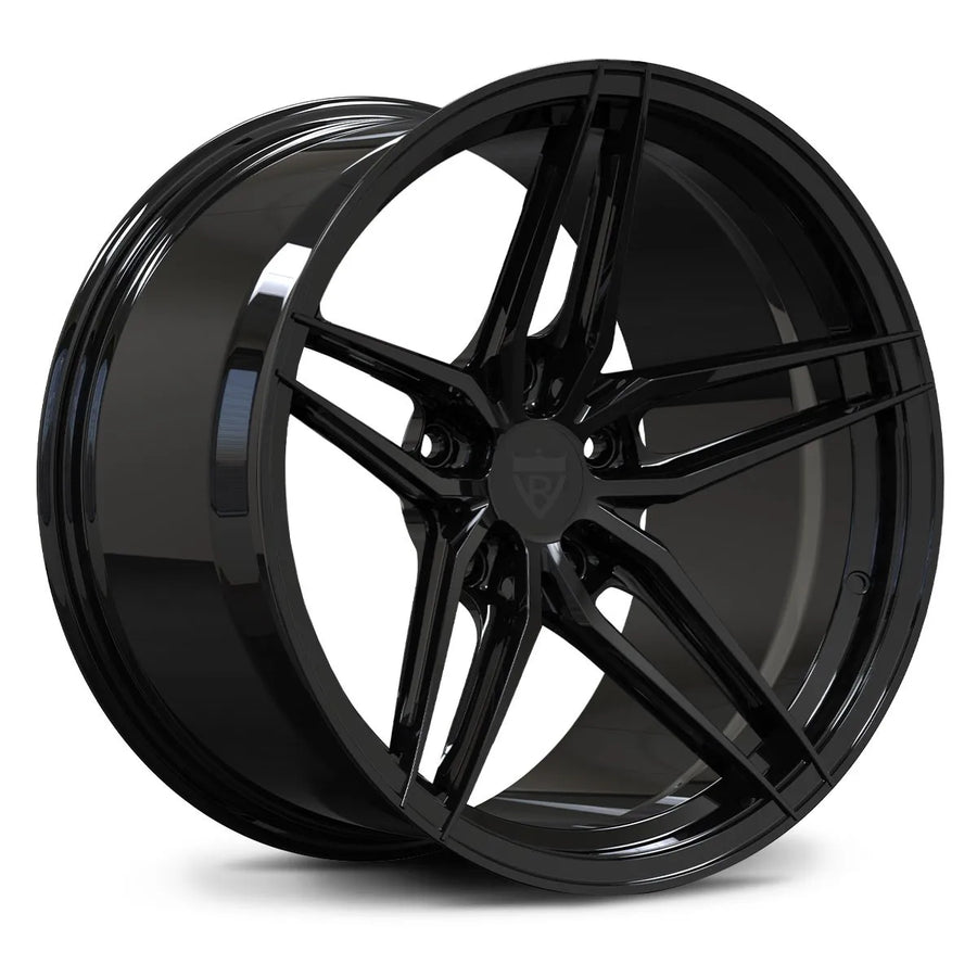 Sleek Gloss Black RV-MP03 forged wheel, 5-spoke monoblock architecture optimized for Corvette Grand Sport fitment.