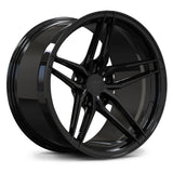 Sleek Gloss Black RV-MP03 forged wheel, 5-spoke monoblock architecture optimized for Corvette Grand Sport fitment.