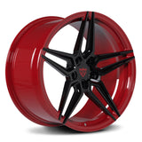 RV-MR02 custom monoblock forged wheel in Red and Black, aggressive concave 5-spoke design for Corvette.