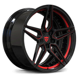 RV-MR02 monoblock forged wheel with Gloss Black center and Red accents, precision engineered for performance.