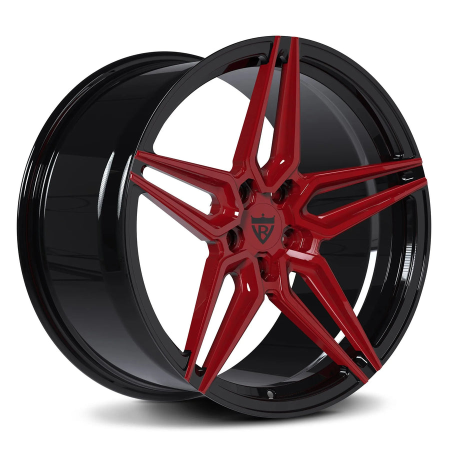 Close-up of RV-MR02 forged wheel featuring a striking Red and Black finish and concave architecture.
