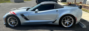 Detail shot of chrome Y-spoke forged wheel for Corvette C7 Grand Sport, premium machining, custom wheel design options
