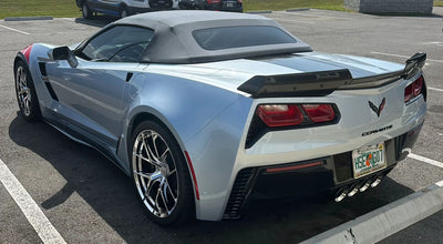 Front view of chrome Y-spoke forged wheel on 2017 Corvette C7 Grand Sport, custom 19x10 fitment, design your own wheels