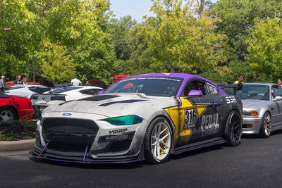 Side profile of 2019 Mustang GT with RV-MR08 forged wheels, 19x10 & 20x11 setup