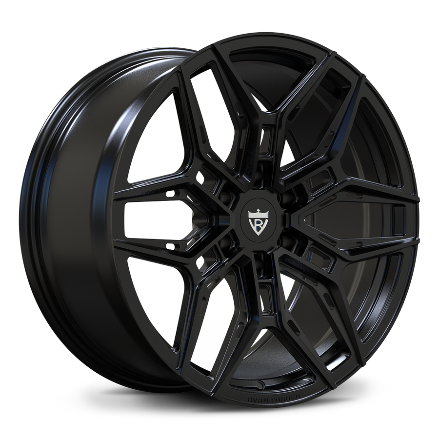 RV-MR616 matte black 1-piece forged wheel for a Cadillac LYRIQ build, showing a Y-spoke face, 6-lug layout and deep concave profile.