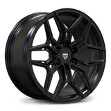 Angled RV-MR616 matte black wheel for a Cadillac LYRIQ application, featuring a Y-spoke face and deep concave forged design.