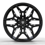 Front detail of an RV-MR616 matte black 6-lug forged wheel for a Cadillac LYRIQ build, showing its deep concave Y-spoke face.