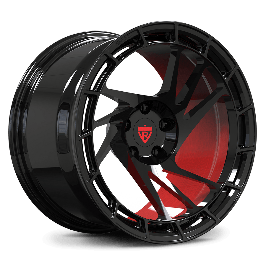 Detailed look at the RV-MS07 directional wheel in black and brushed red, highlighting the deep concave profile for Subaru WRX.