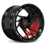 Detailed look at the RV-MS07 directional wheel in black and brushed red, highlighting the deep concave profile for Subaru WRX.