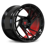 Angled side view of RV-MS07 directional forged wheel with custom Red Brushed accents, engineered for Subaru WRX STi.