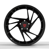 Front view of RV-MS07 directional forged wheel in Gloss Black and Brush Red, tailored for high-performance WRX builds.