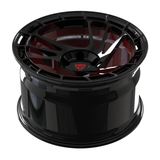 Detailed top-down view of RV-MS07 forged rim featuring Gloss Black and Red Brushed finish, aggressive JDM styling.
