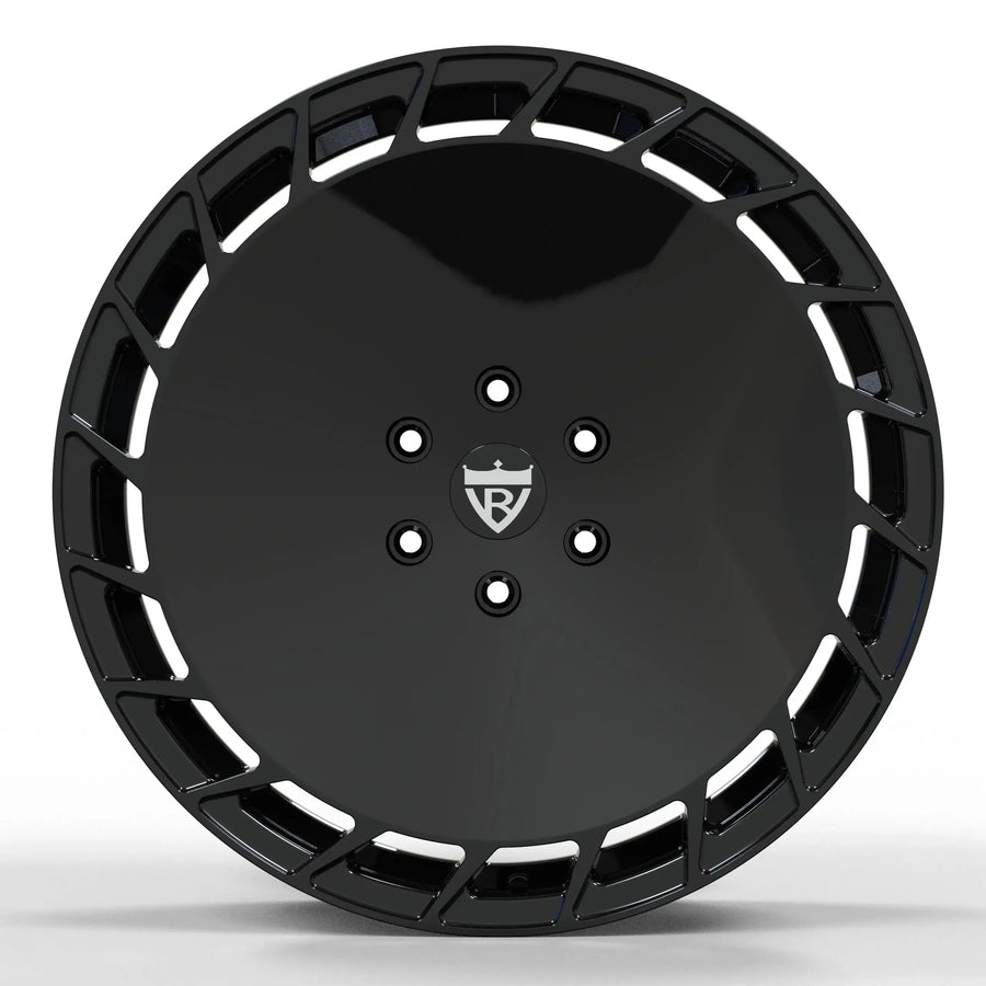 Front view of RV-MT03 matte black aero forged wheel, showcasing the Cyberbeast-inspired solid disk design.