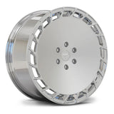 Classic Polished Silver RV-MT03 monoblock forged wheel, emphasizing the directional turbine windows.