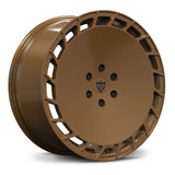 Bespoke Satin Bronze RV-MT03 directional forged wheel, offering a tactical off-road contrast for Tesla builds.