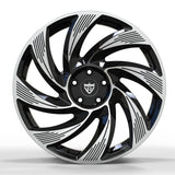 Front view of RV-MY01 gloss black wheels with CNC-machined turbine grooves.